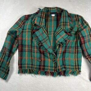 Project I Jacket Womens Small Green Plaid Fringe Cropped Blazer Coat Tweed